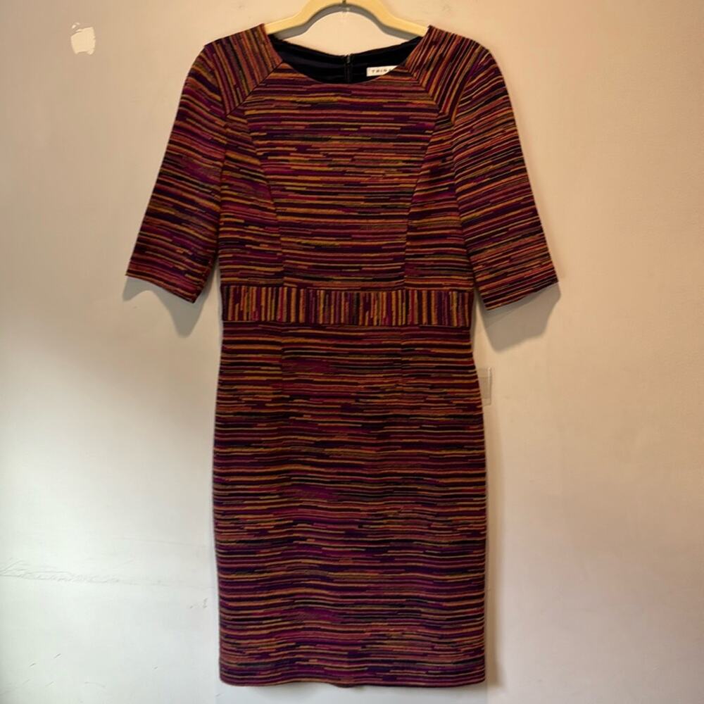 Trina Turk Striped Jersey 3/4 Sleeve Knee Length Fitted Sheat Dress Maroon Brown
